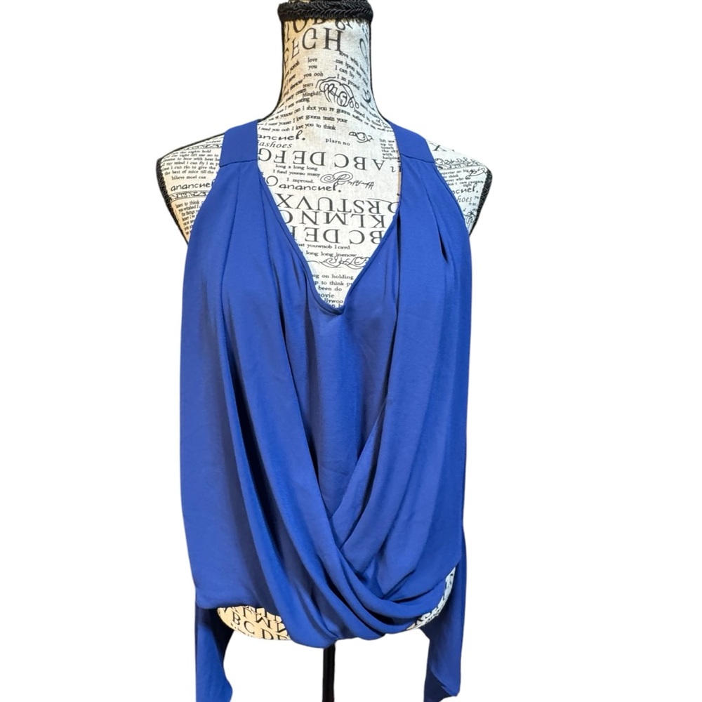 BCBGMaxAzria Blue Crossover Draped Chic Blouse w/ hi-lo hem Sz S